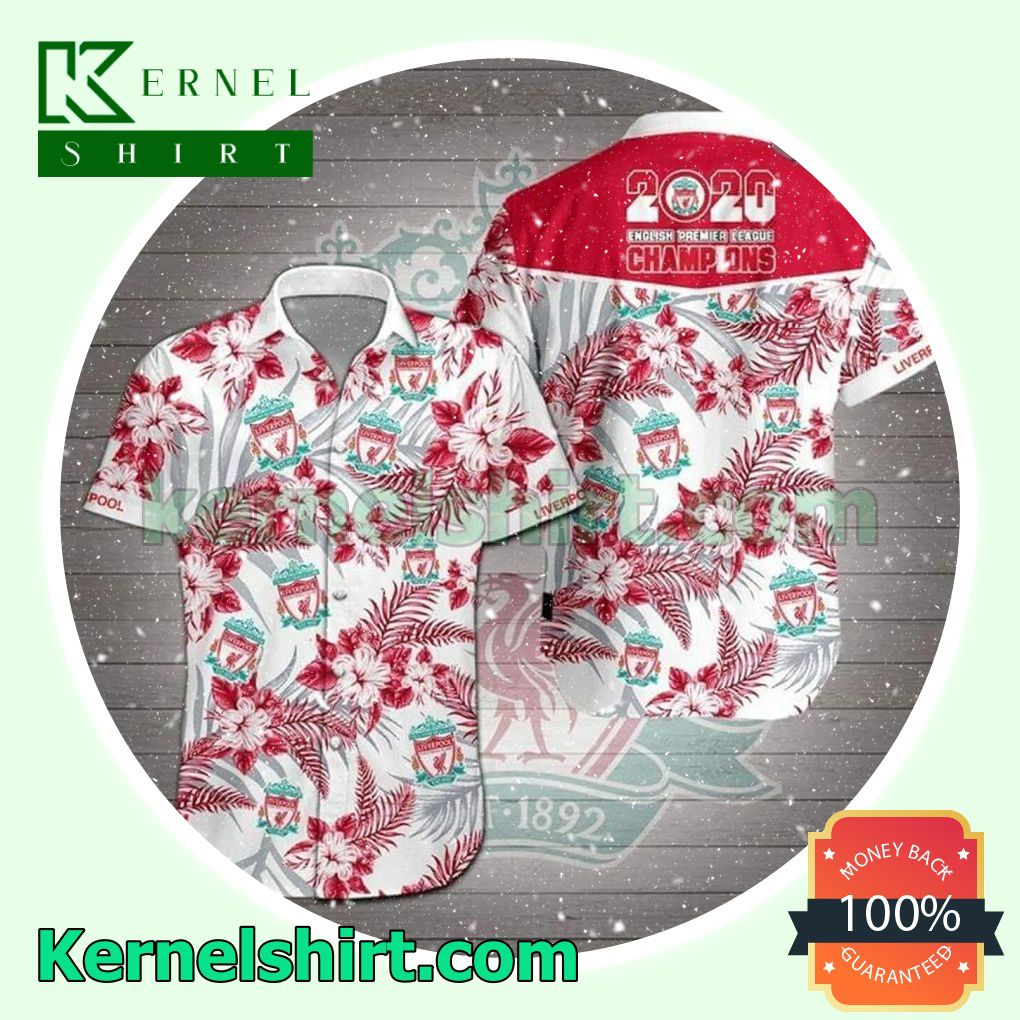 Liverpool 2020 English Premier League Champions Tropical Pattern Grey Leaf Print Beach Shirt