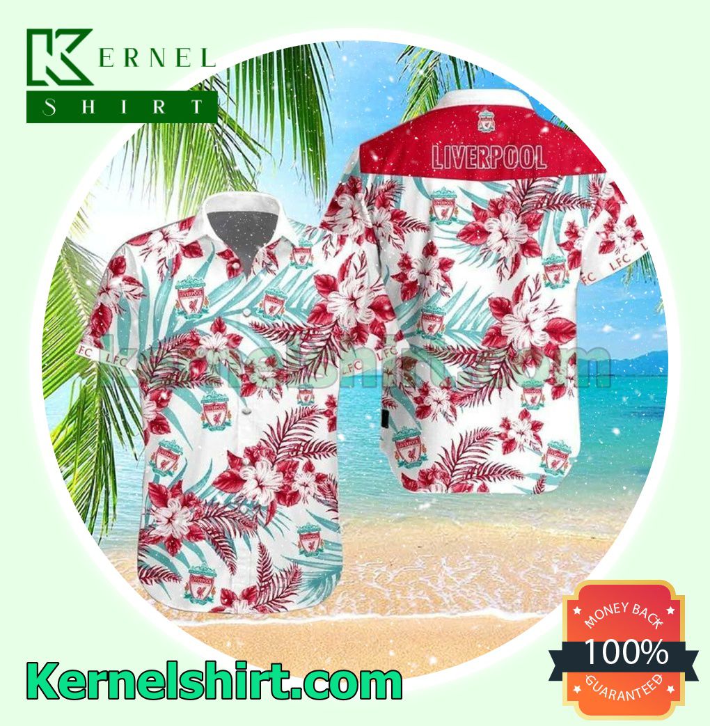 Liverpool Hibiscus Palm Leaves Tropical Red White Beach Shirt