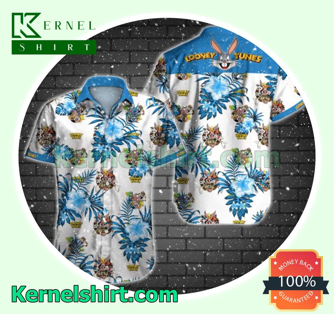 Looney Tunes Blue Tropical Floral White Beach Shirts