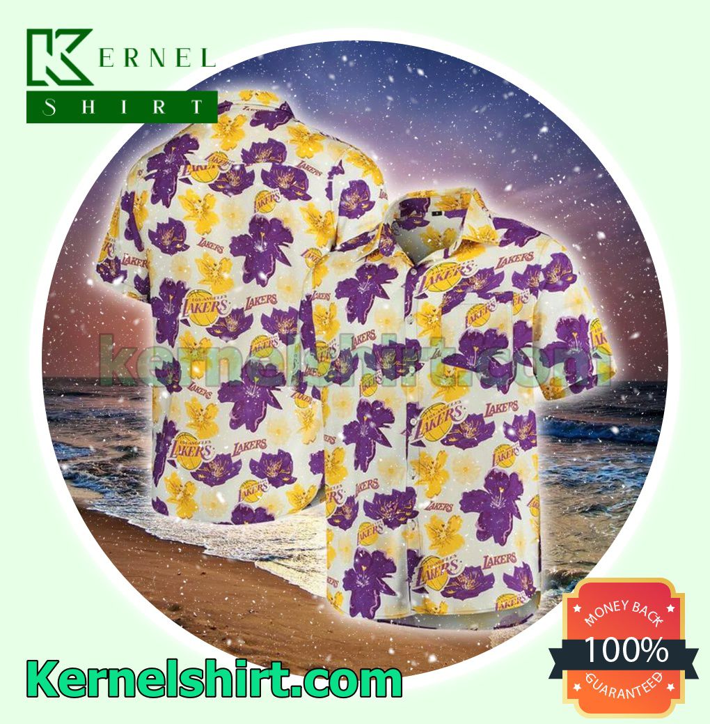 The cheapest Los Angeles Lakers Yellow And Purple Hibiscus Flowers Beach Shirt