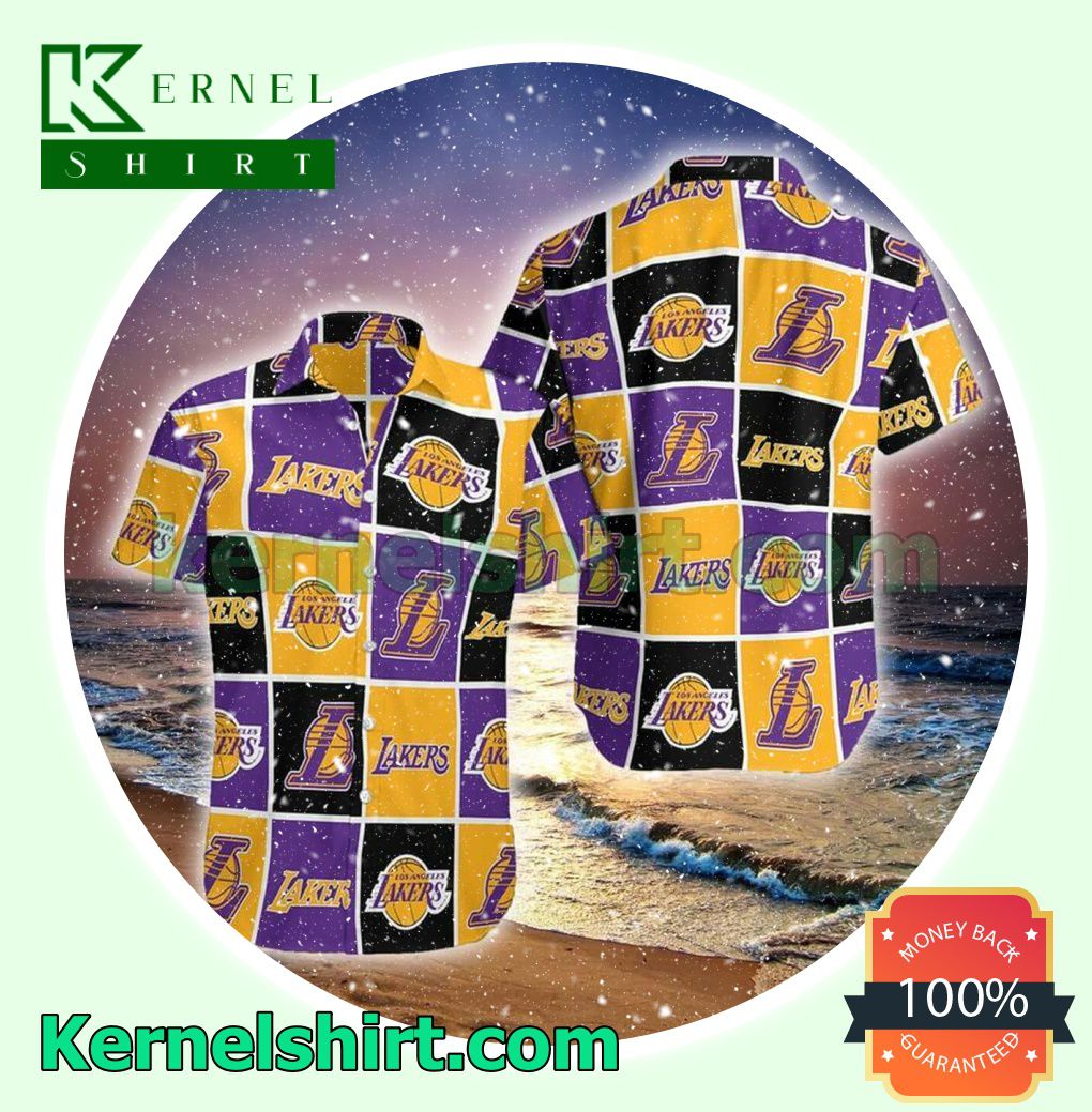Official Los Angeles Lakers Yellow Purple And Black Squares Style 2 Beach Shirt
