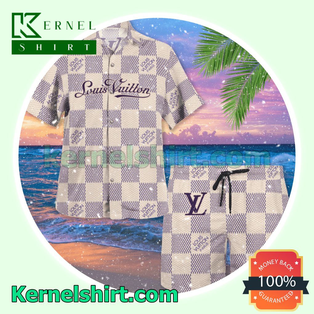 Louis Vuitton Beige And Purple Checkerboard Luxury Summer Vacation Shirts, Beach Shorts