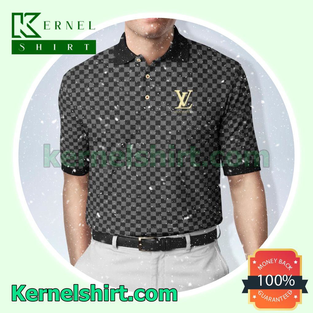 Louis Vuitton Black And Gray Check Pattern With Yellow Logo Golf Polo