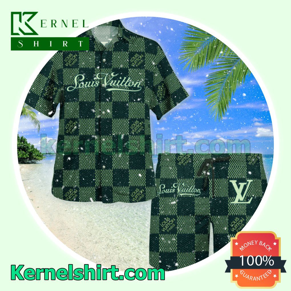 Louis Vuitton Green Checkerboard Luxury Summer Vacation Shirts, Beach Shorts