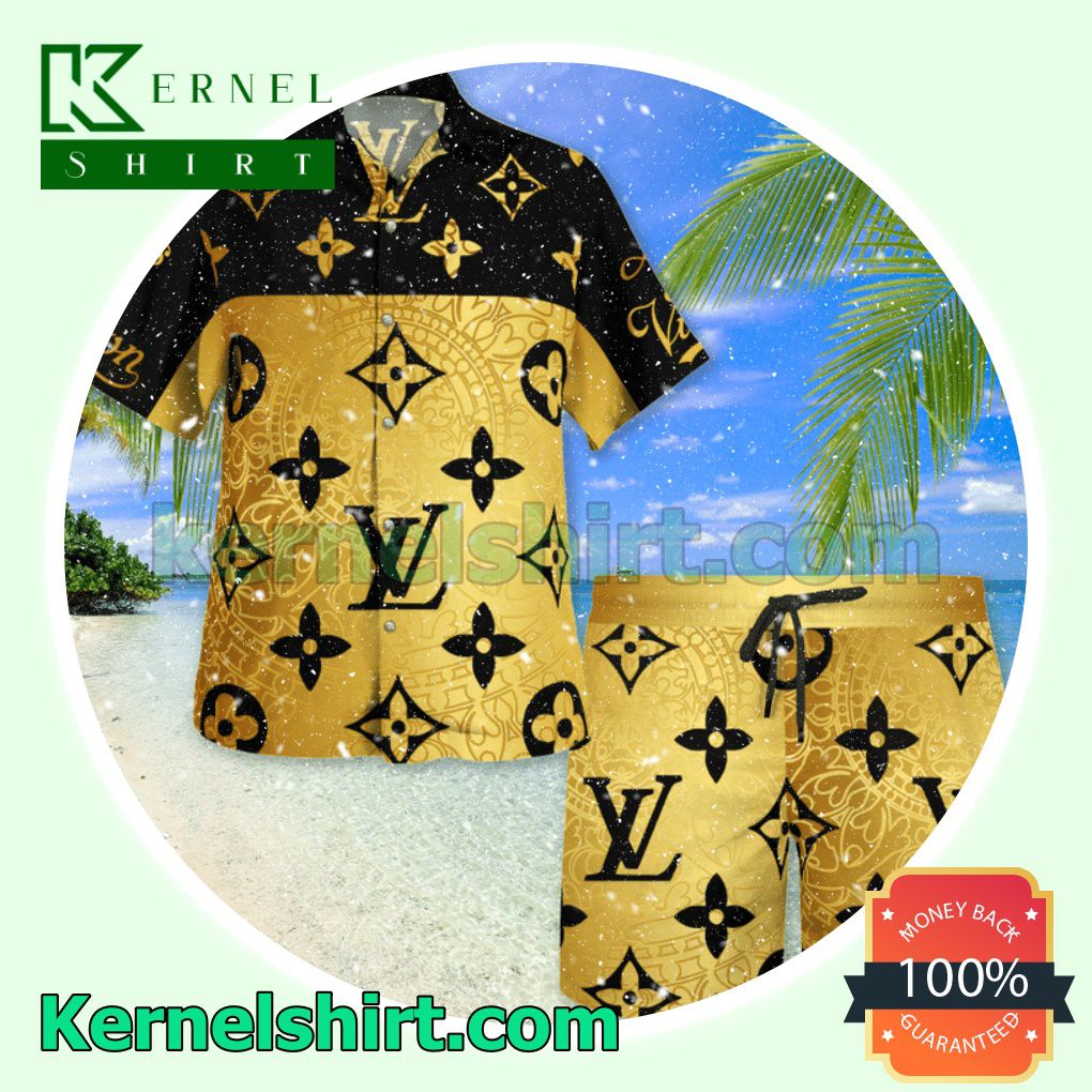 Louis Vuitton Monogram Black Mix Gold Luxury Summer Vacation Shirts, Beach Shorts