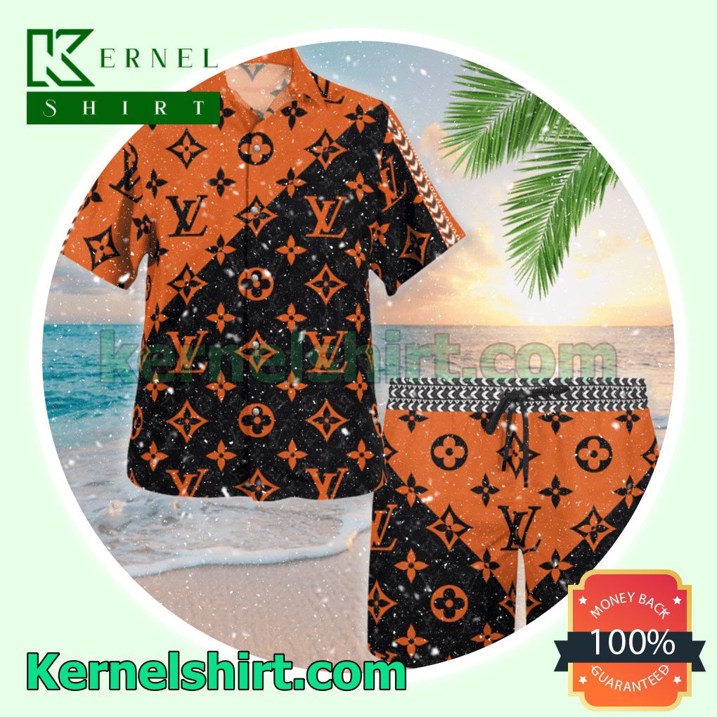 Louis Vuitton Monogram Black Mix Orange Luxury Summer Vacation Shirts, Beach Shorts