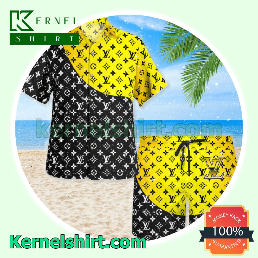 Louis Vuitton Monogram Black Mix Yellow Luxury Summer Vacation Shirts, Beach Shorts