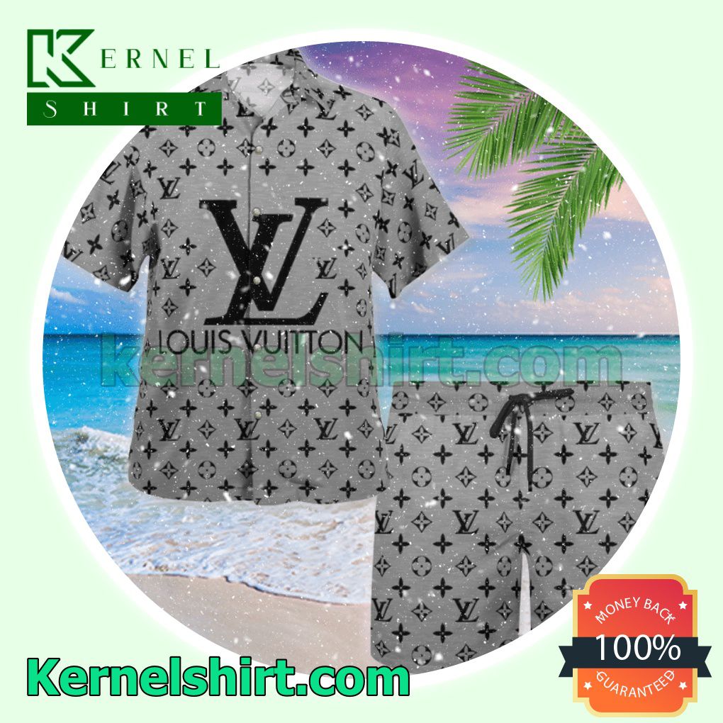 Louis Vuitton Monogram With Big Logo Grey Luxury Summer Vacation Shirts, Beach Shorts