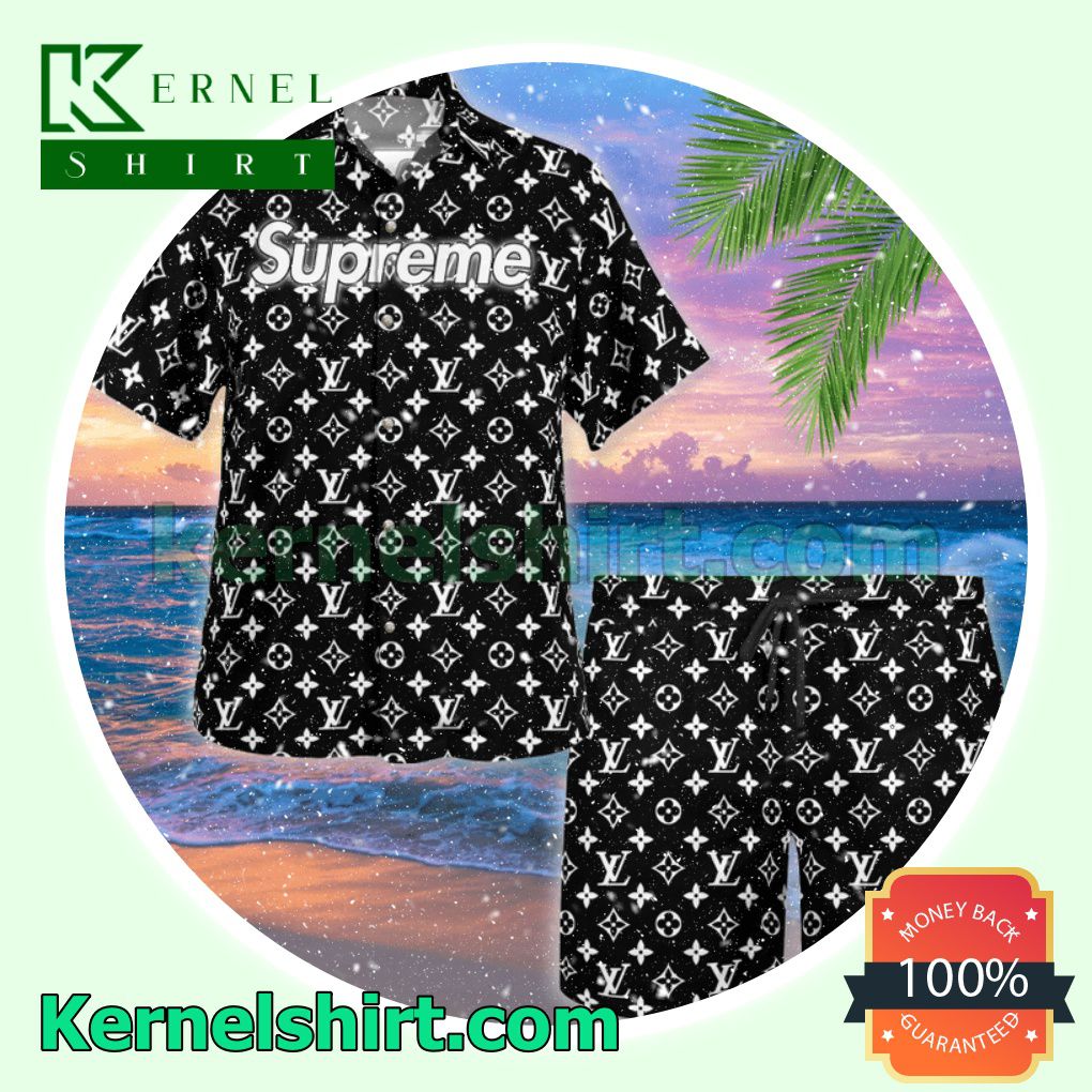 Louis Vuitton Supreme Monogram Black Luxury Summer Vacation Shirts, Beach Shorts