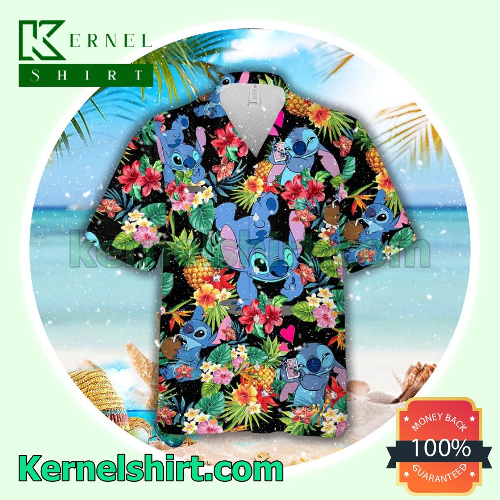 Lovely Stitch Disney Cartoon Graphics Pineapple Black Aloha Beach Hawaiian Shirt