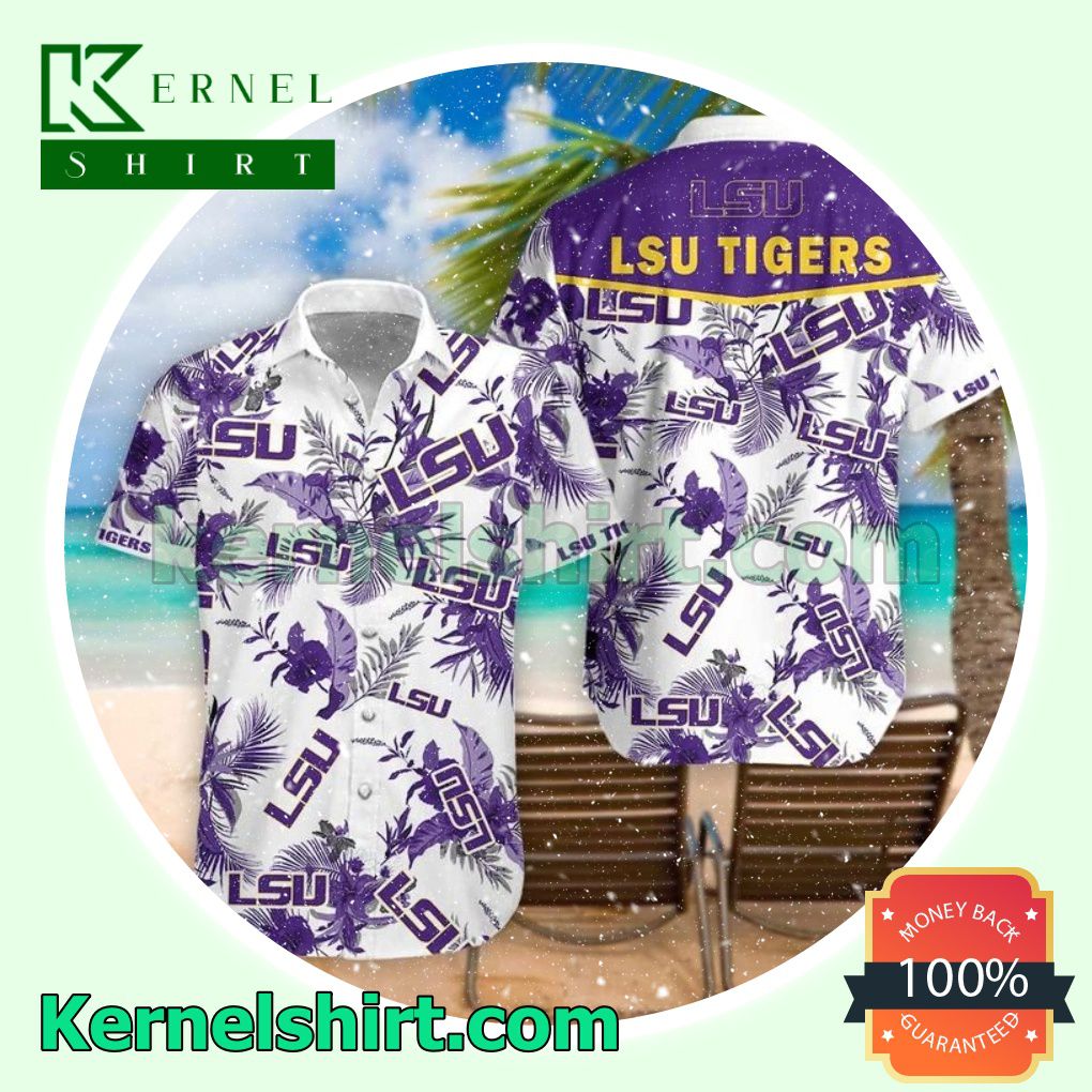 Lsu Tigers Purple Tropical Pattern White Beach Shirts