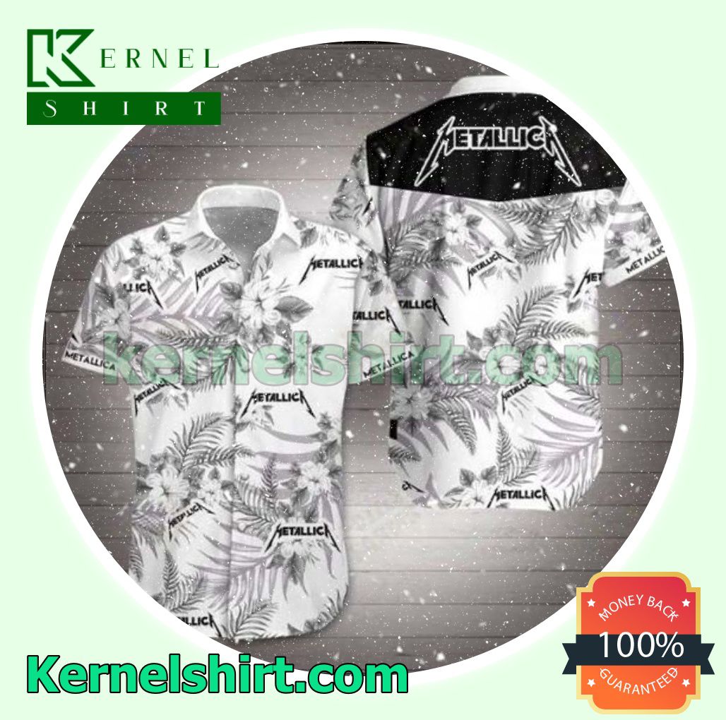 Metallica Grey Hibiscus On White Beach Shirts