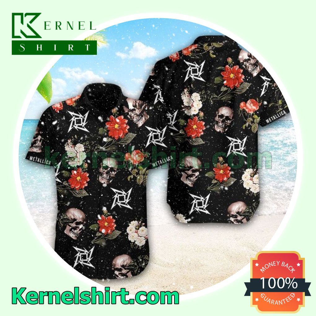 Metallica Skull Flowers Black Beach Shirts