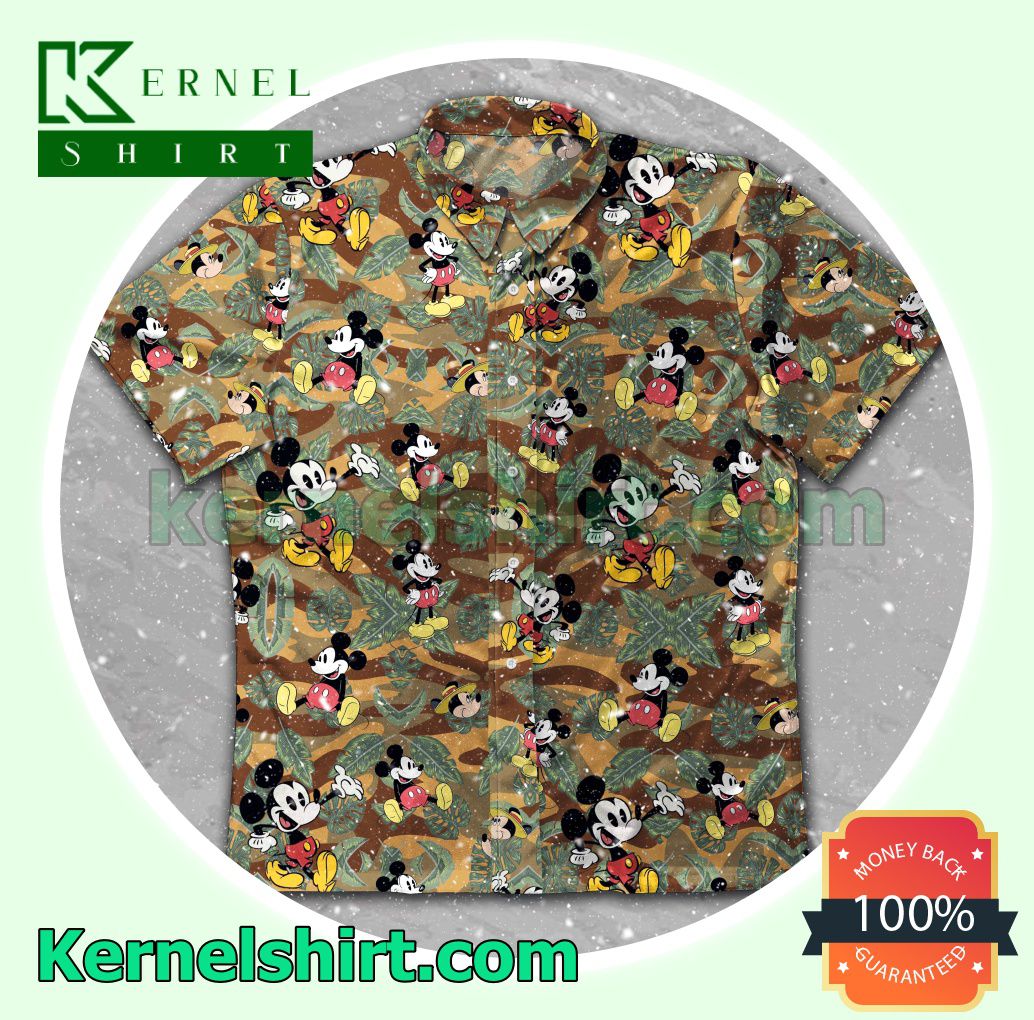 Mickey And Palm Leaves Brown Camo Beach Shirts