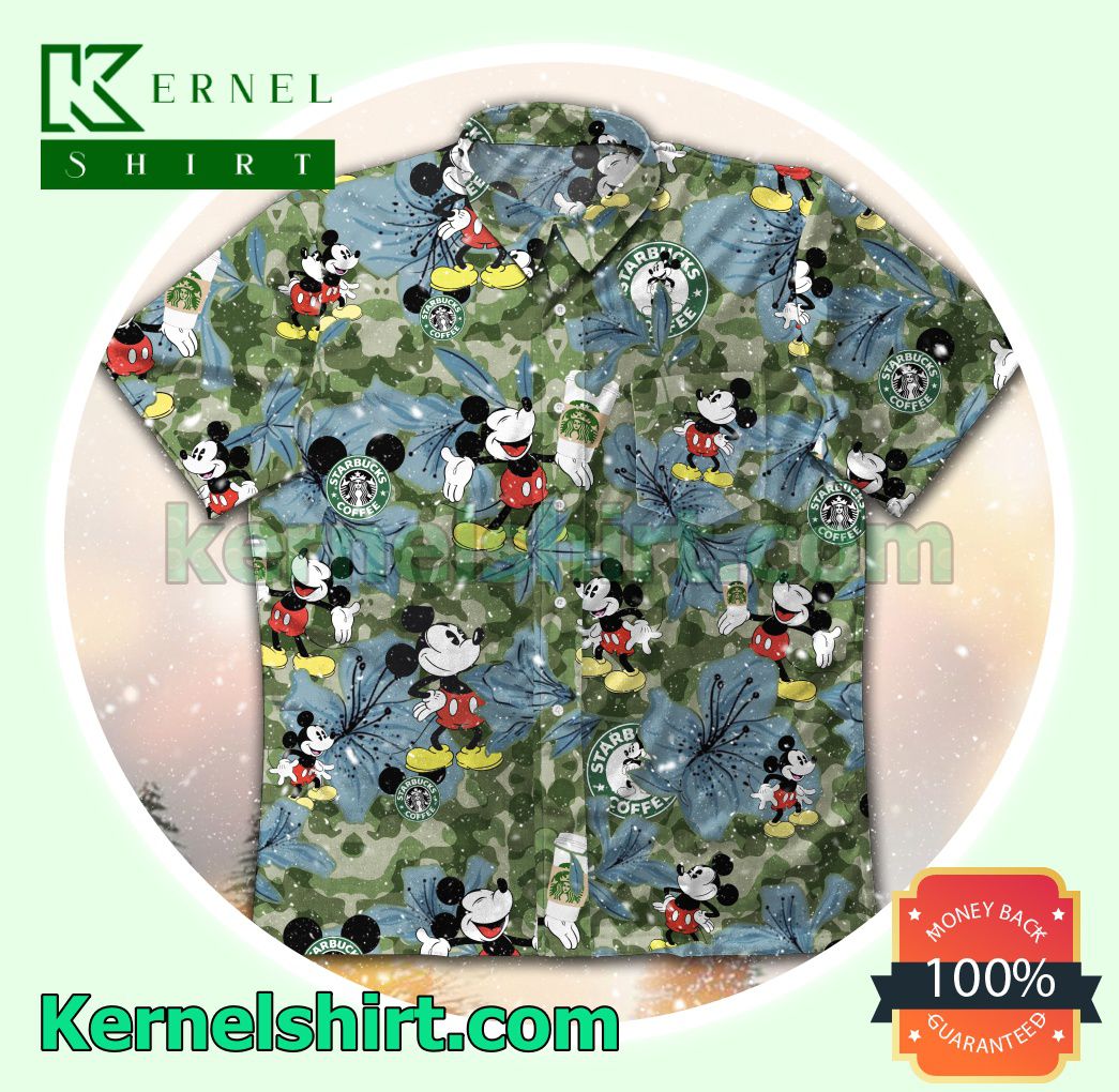 Mickey And Starbucks With Blue Flower Camo Beach Shirts