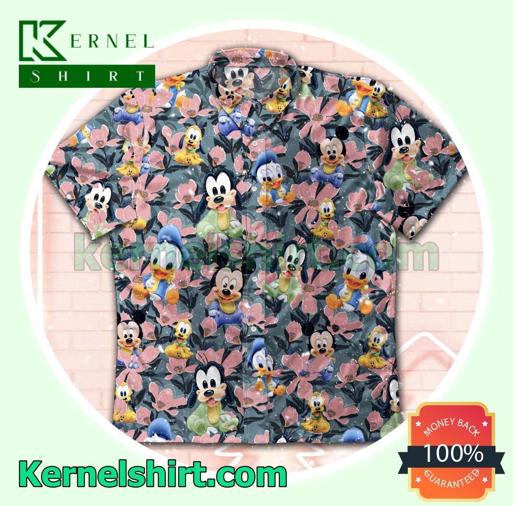 Mickey Donald And Goofy Pink Flower Beach Shirts