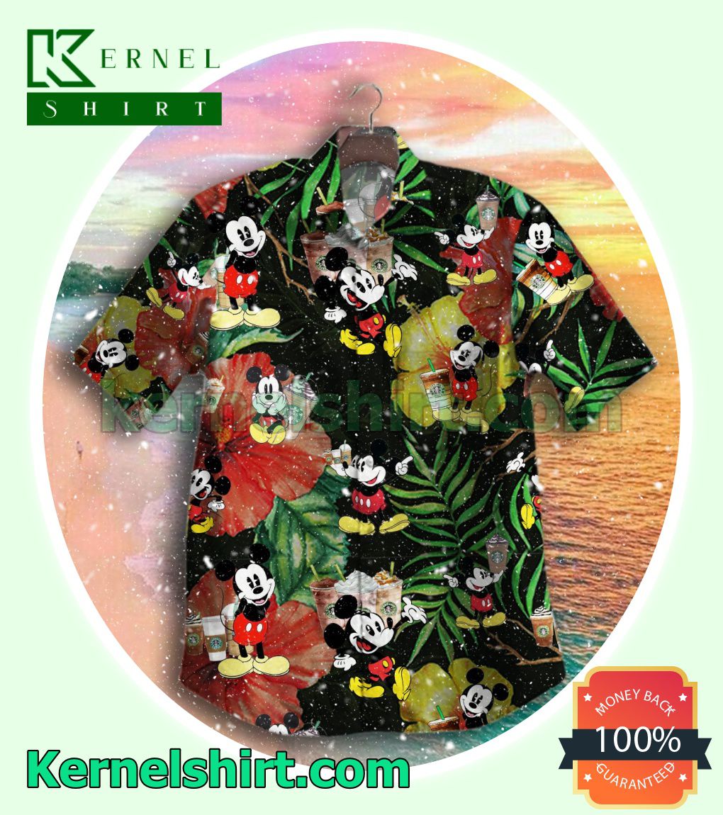 Mickey Hibiscus Black Beach Shirts