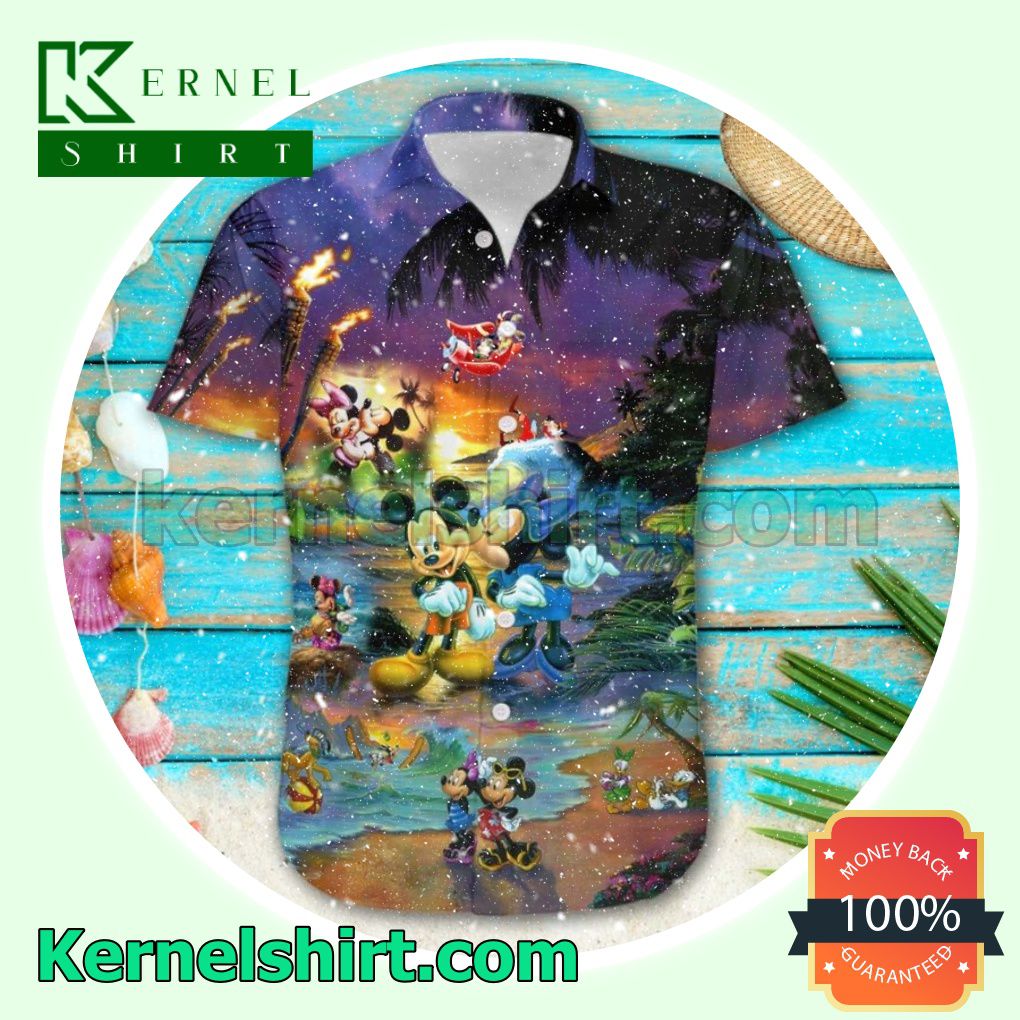 Mickey & Minnie Mouse Sunset Beach Disney Aloha Beach Hawaiian Shirt a