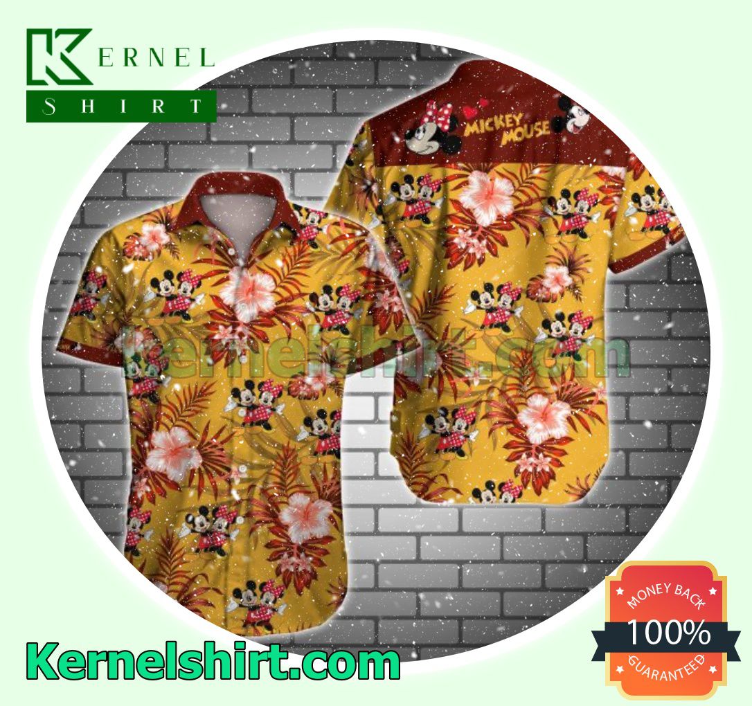 Mickey Mouse And Minnie Mouse Red Tropical Floral Yellow Beach Shirts