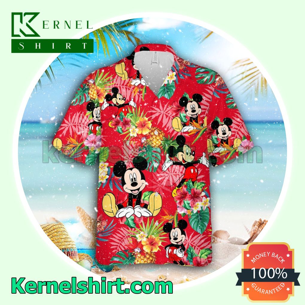 Mickey Mouse Disney Pineapple Hibicus Red Aloha Beach Hawaiian Shirt