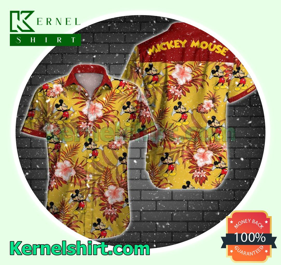3D Mickey Mouse Red Hibiscus Palm Leaves Yellow Beach Shirt