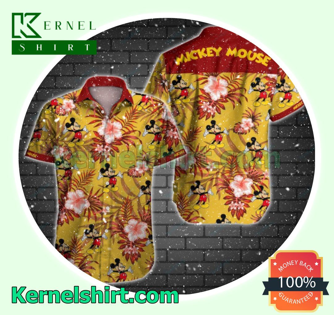 Mickey Mouse Red Tropical Floral Yellow Beach Shirts