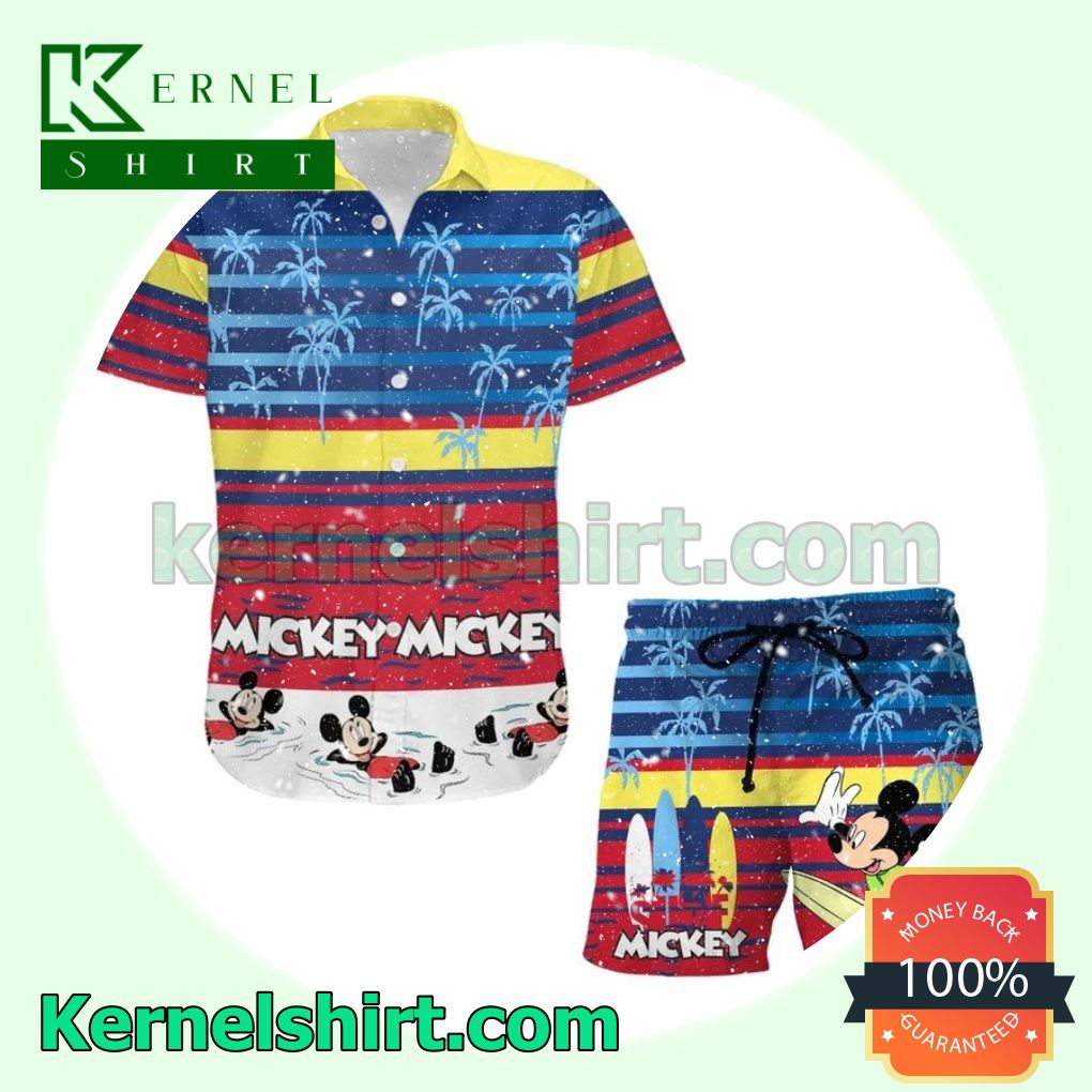 Mickey Mouse Rainbow Stripe Disney Cartoon Graphics White Aloha Beach Hawaiian Shirt