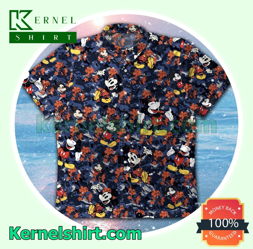 Mickey Red Hibiscus Blue Camo Beach Shirts