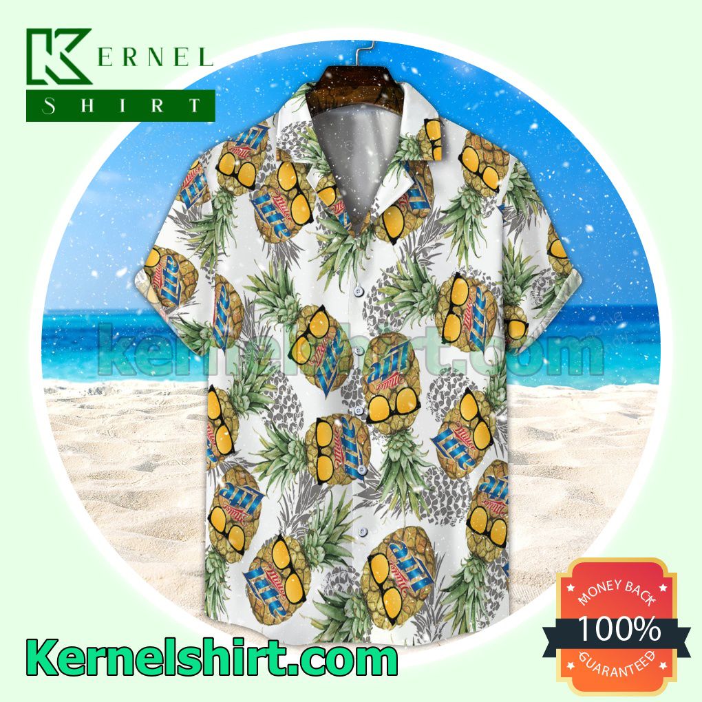 Miller Lite Funny Pineapple Unisex White Aloha Beach Hawaiian Shirt