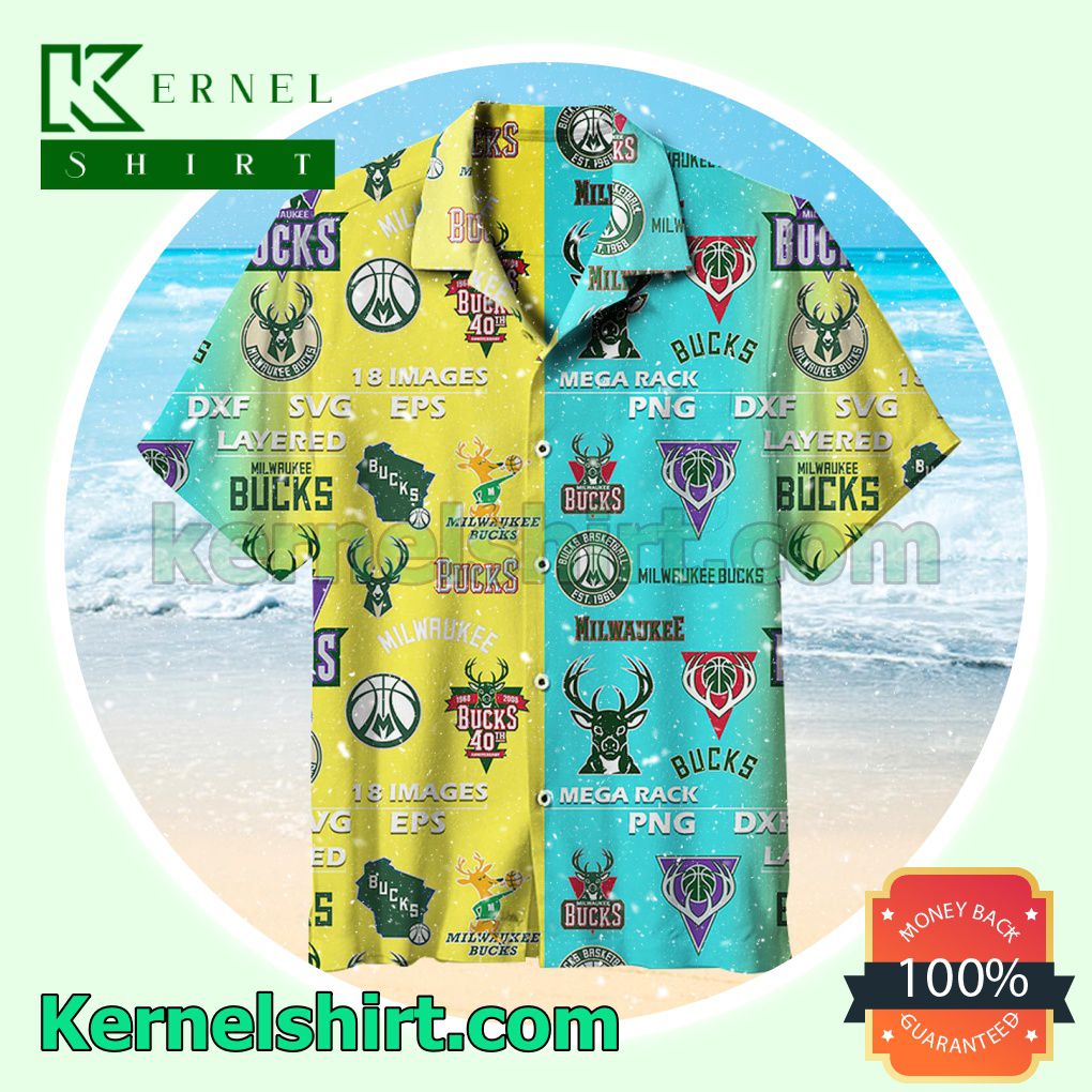 Milwaukee Bucks Logo Print Mix Turquoise And Yellow Beach Shirt