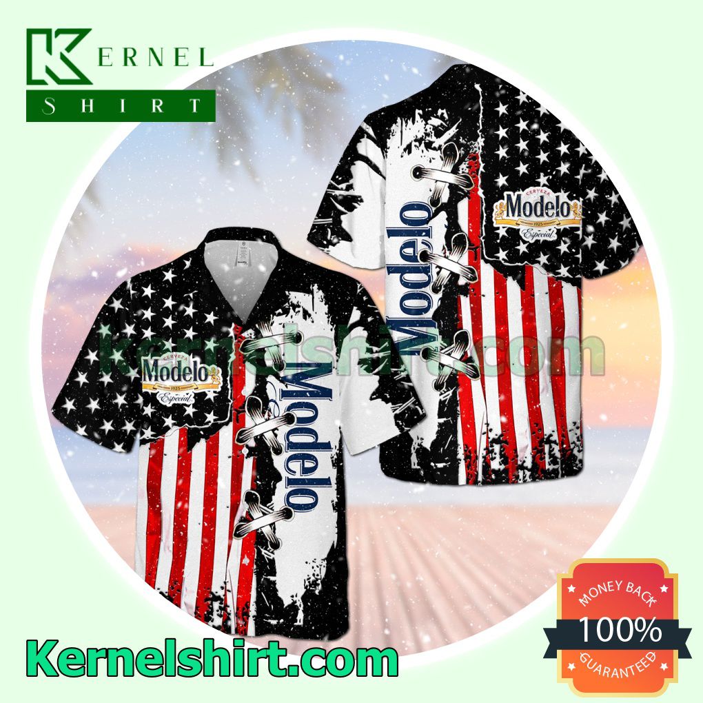 Modelo USA Flag Cross Stitch Black White Aloha Beach Hawaiian Shirt