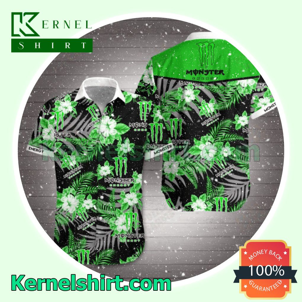 Monster Energy Green Tropical Floral Black Beach Shirts