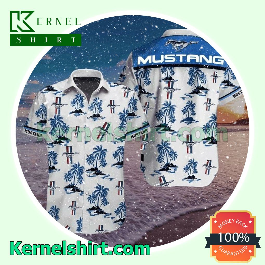 Mustang Blue Palm Tree White Beach Shirt