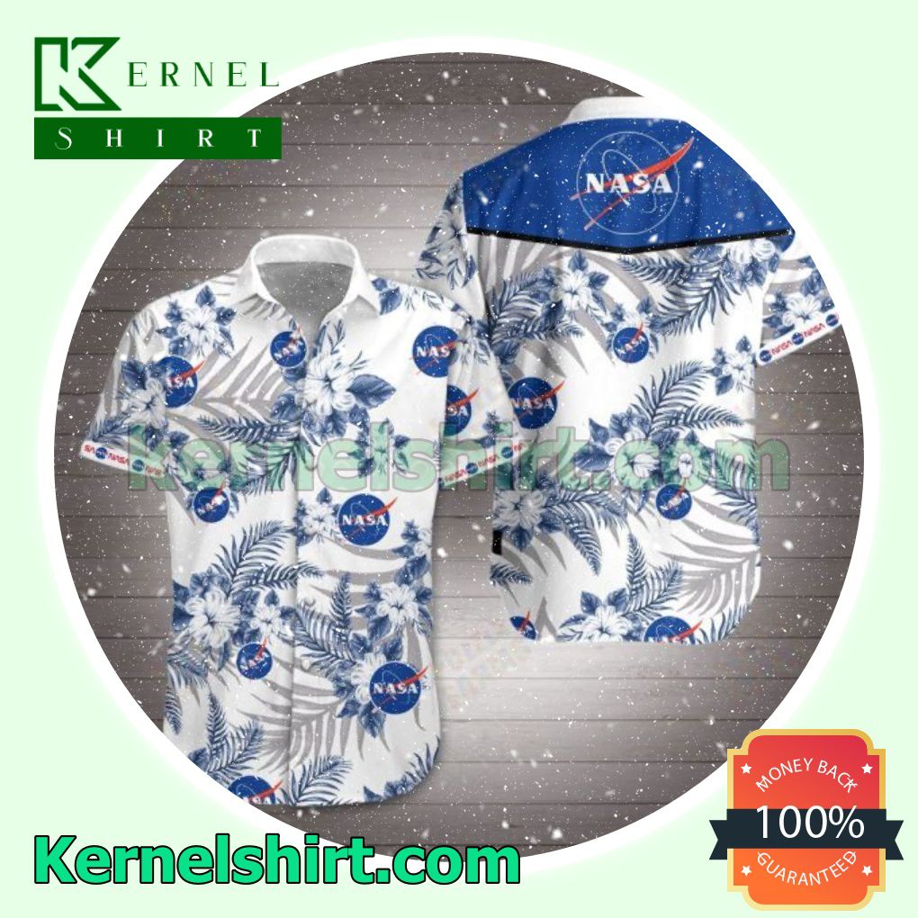 Nasa Blue Tropical Floral White Beach Shirts