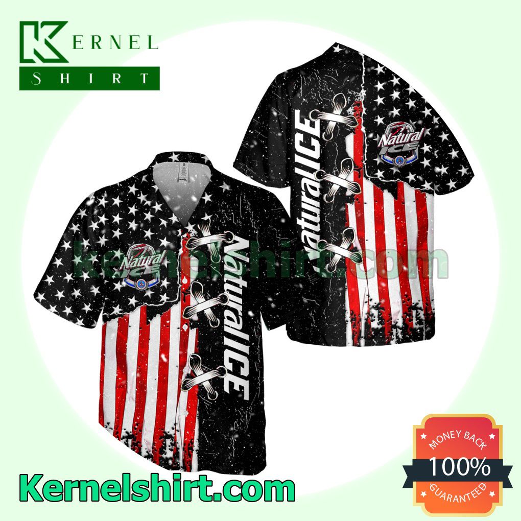 Natural Ice Usa Flag Cross Stitch Black Aloha Beach Hawaiian Shirt