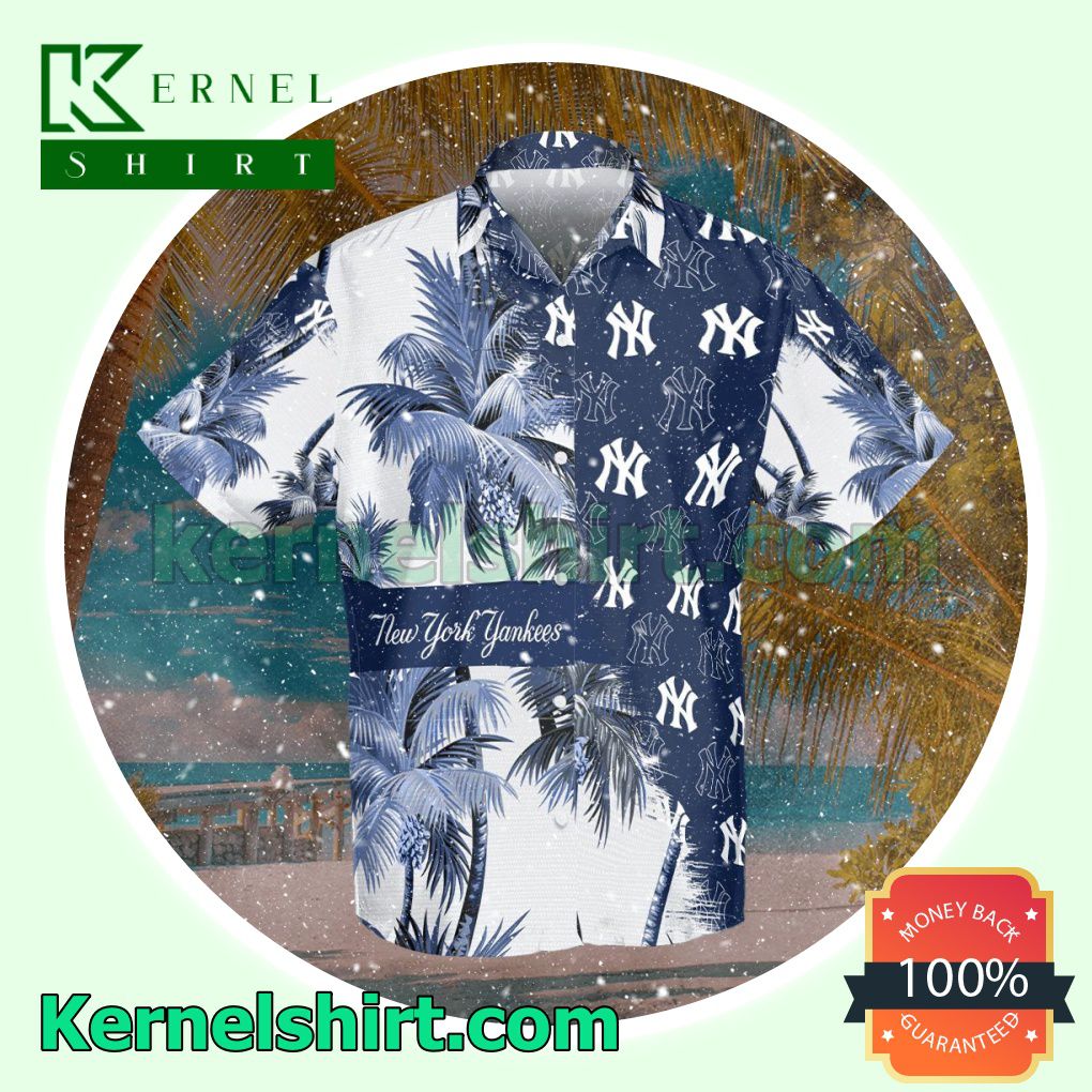 New York Yankees Palm Tree White Cobalt Aloha Beach Hawaiian Shirt
