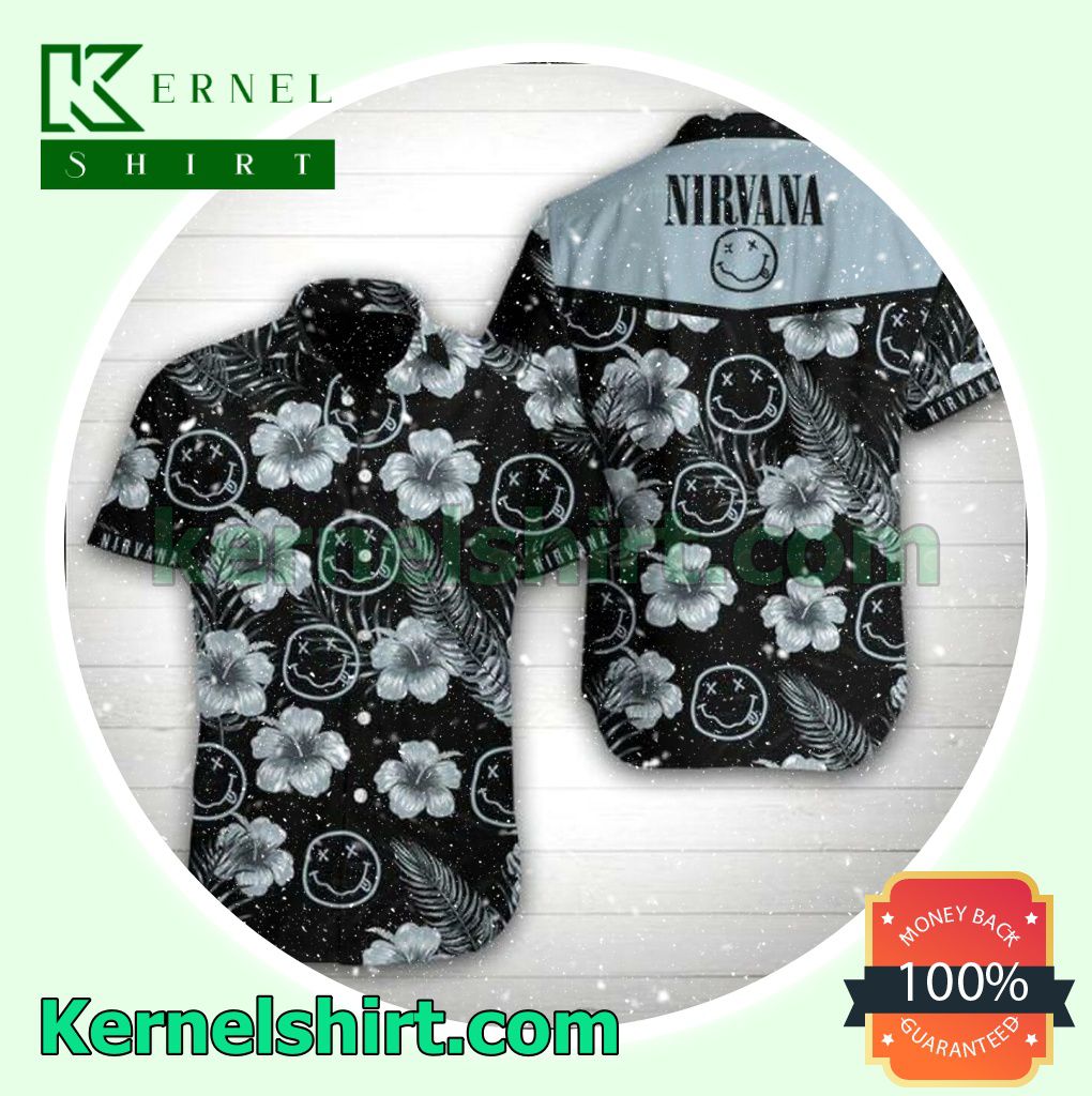 Nirvana Grey Hibiscus Black Beach Shirt