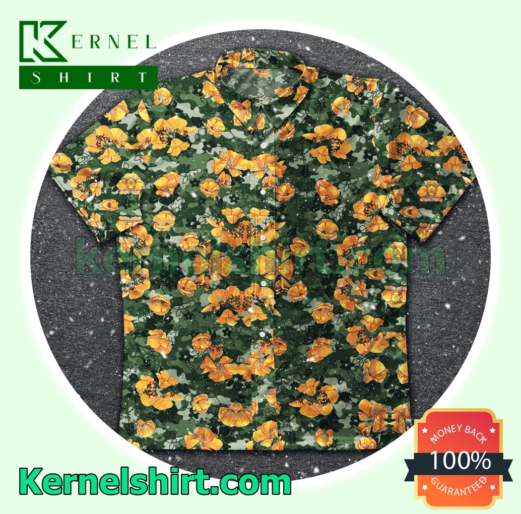 Orange Flower Pattern Green Camo Beach Shirts