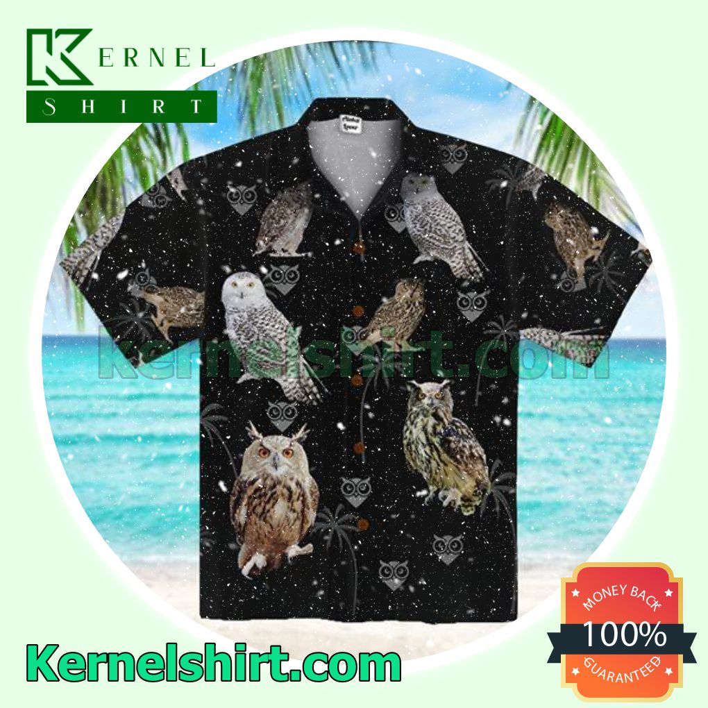 Owl Palm Tree Black Beach Shirt