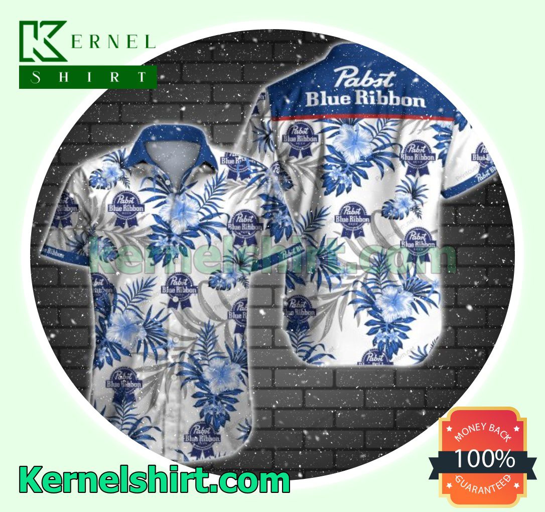 Pabst Blue Ribbon Blue Hibiscus And Palm Leaves White Beach Shirt