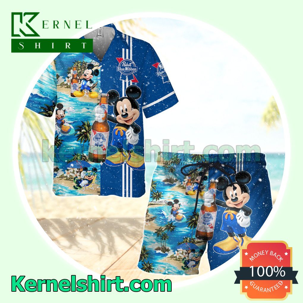 Pabst Blue Ribbon Mickey Mouse Navy Aloha Beach Hawaiian Shirt