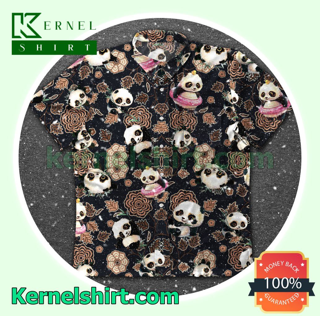 Panda Flower Brown Pattern Black Beach Shirt