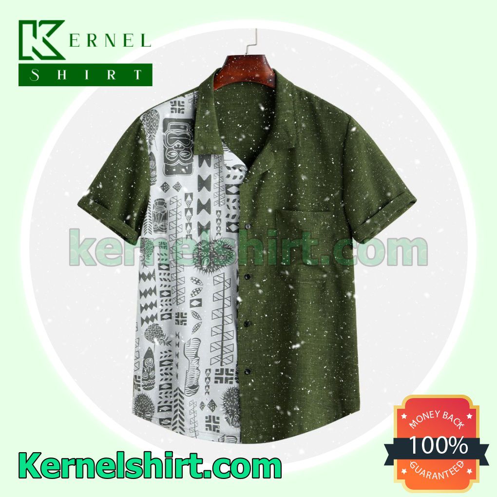 Pattern Chest Pocket Patchwork Green Beach Shirts