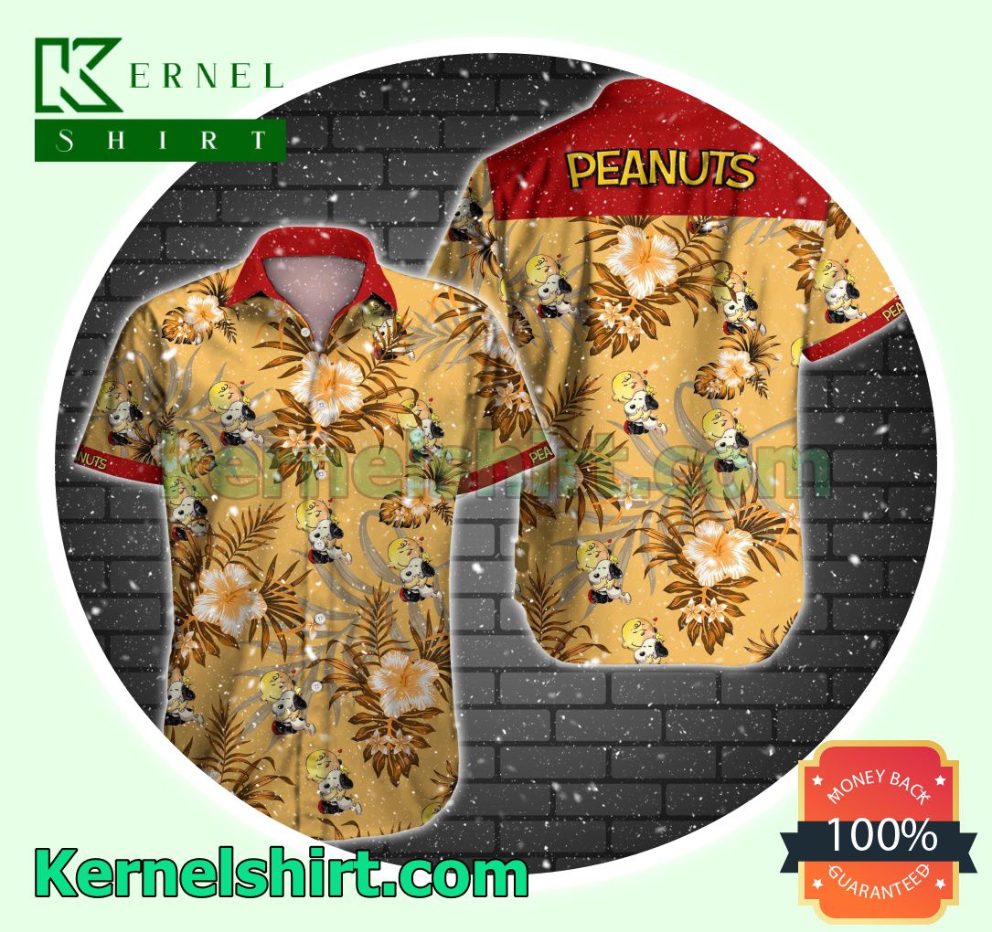 Peanuts Snoopy And Charlie Brown Orange Tropical Floral Beach Shirt