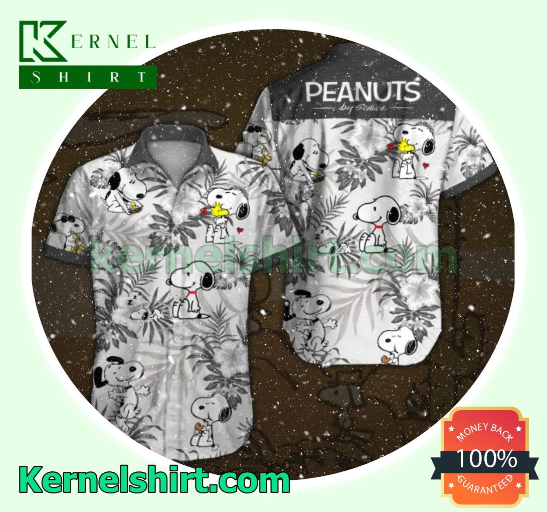 Peanuts Snoopy Grey Tropical Floral White Beach Shirt