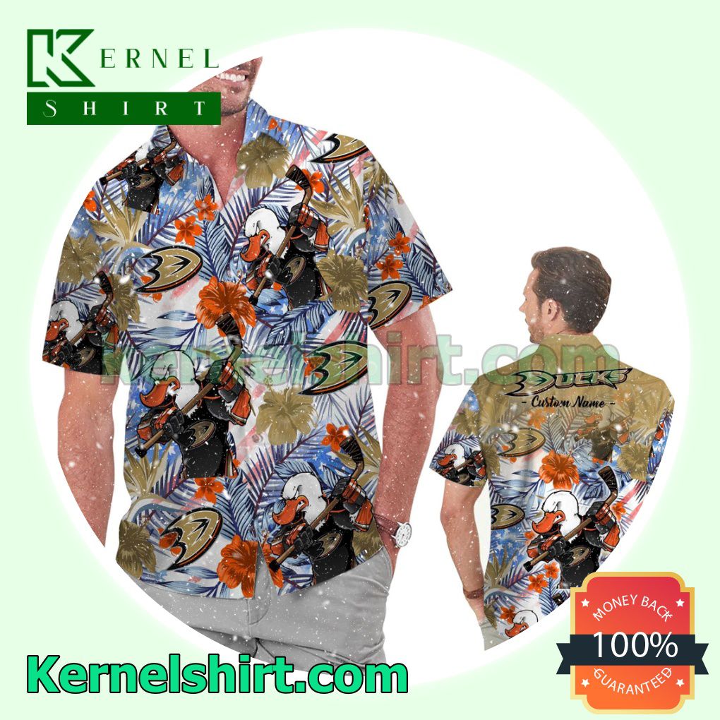 Personalized Anaheim Ducks Tropical Floral America Flag Summer Hawaiian Shirt
