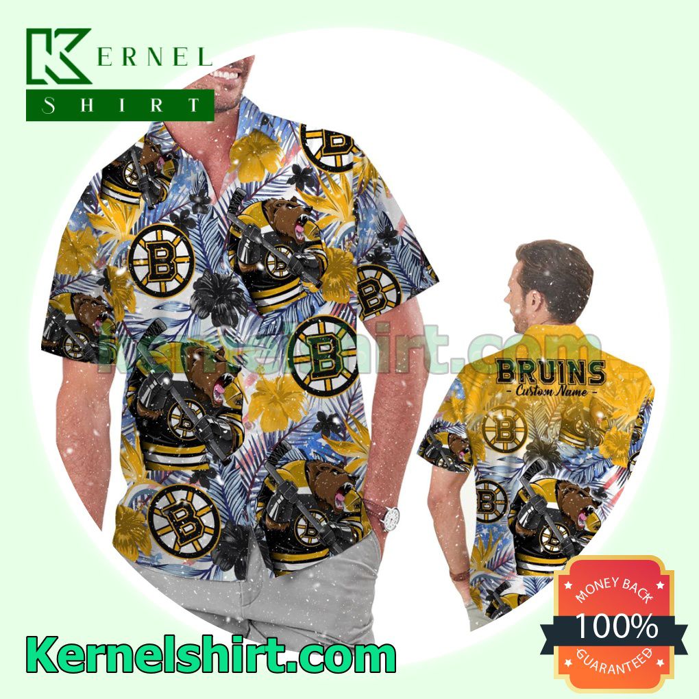 Personalized Boston Bruins Tropical Floral America Flag Summer Hawaiian Shirt