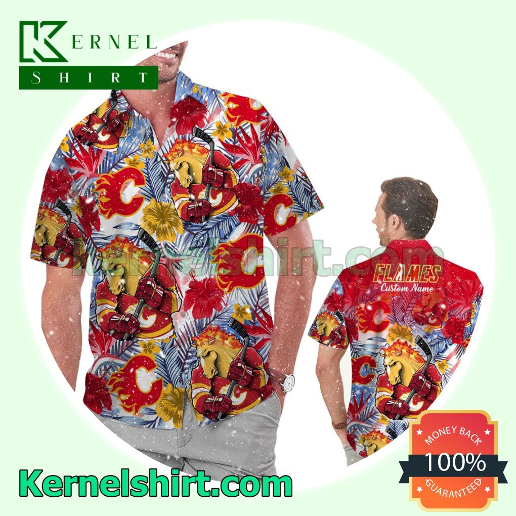 Personalized Calgary Flames Tropical Floral America Flag Summer Hawaiian Shirt