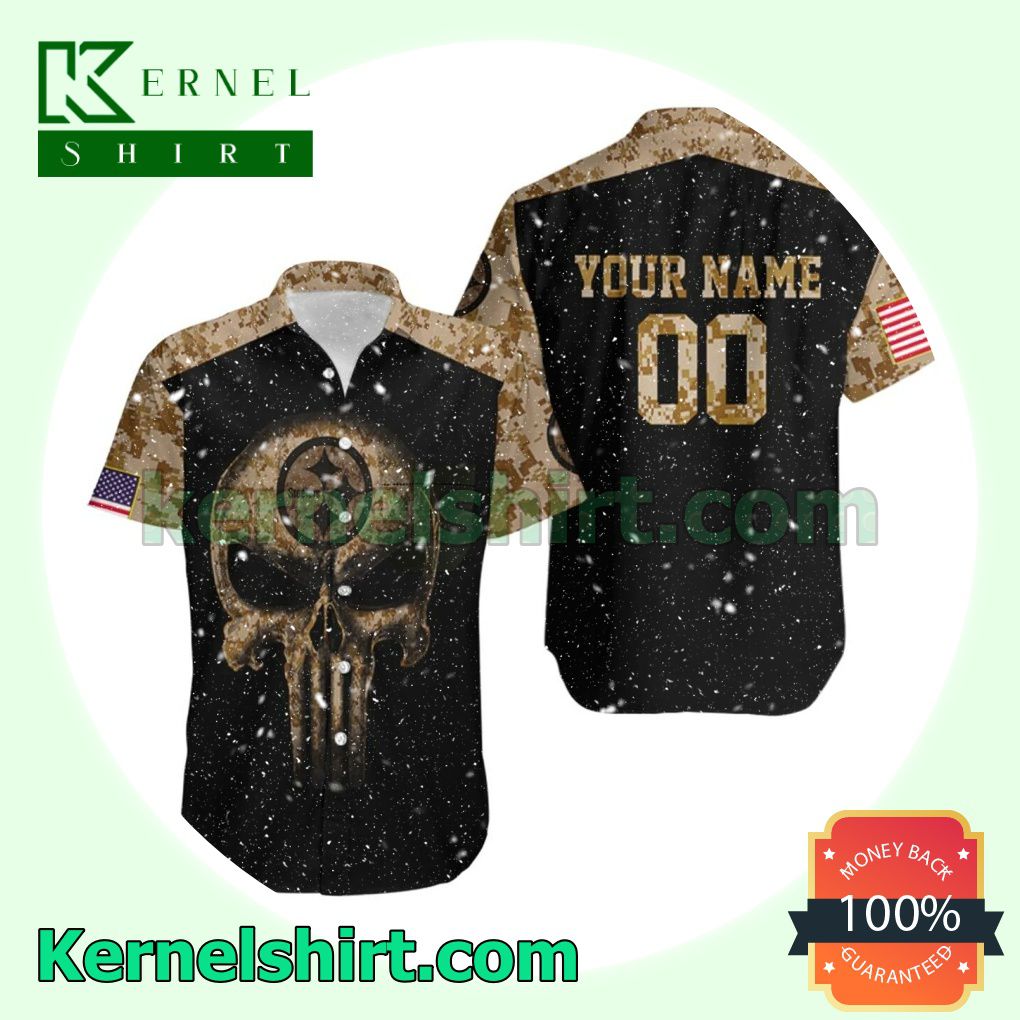 Personalized Camouflage Skull Pittsburgh Steelers American Flag Beach Shirt