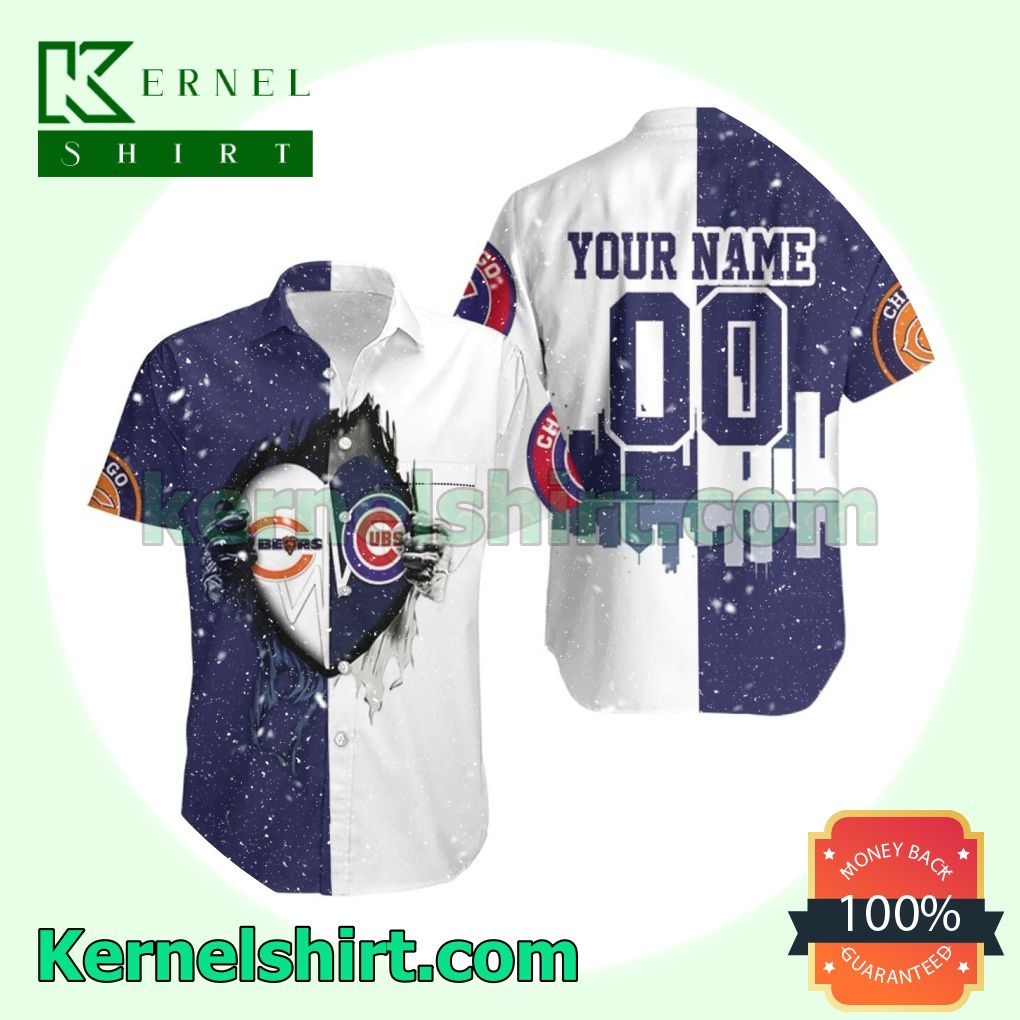 Popular Personalized Chicago Bears And Chicago Cubs Heartbeat Love Ripped Beach Shirt